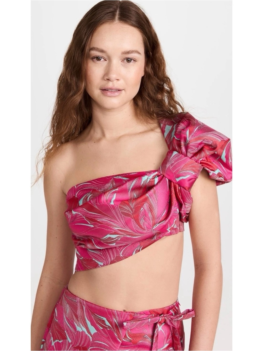Cult Gaia June One Shoulder Jacquard Crop Top Hot Pink Floral Size XL Structured